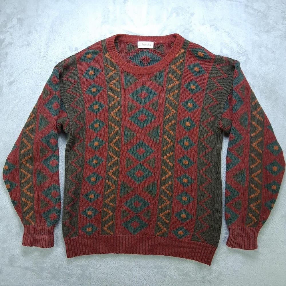 St Johns Bay Mens Heavy Knit Southwestern Geometric Crewneck Sweater Vintage